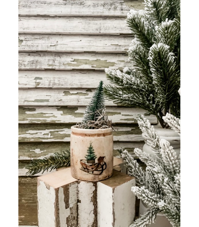 Antique Ironstone 4oz. Crock w/ Sled, Christmas Tree transfer - Holiday